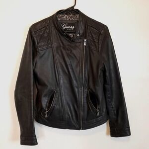 Guess women's Black Leather Moto Jacket size Lg